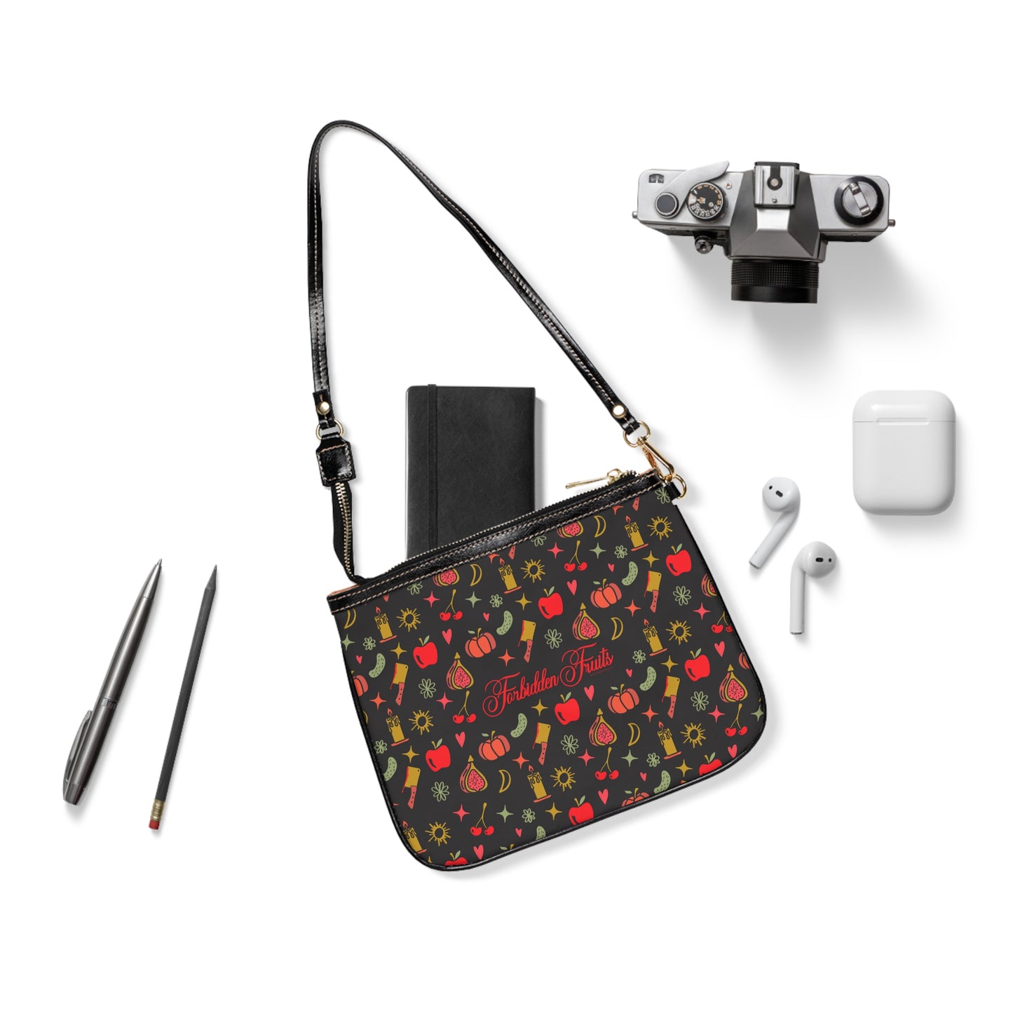 Forbidden Fruits All Over Pattern Small Shoulder Bag Black