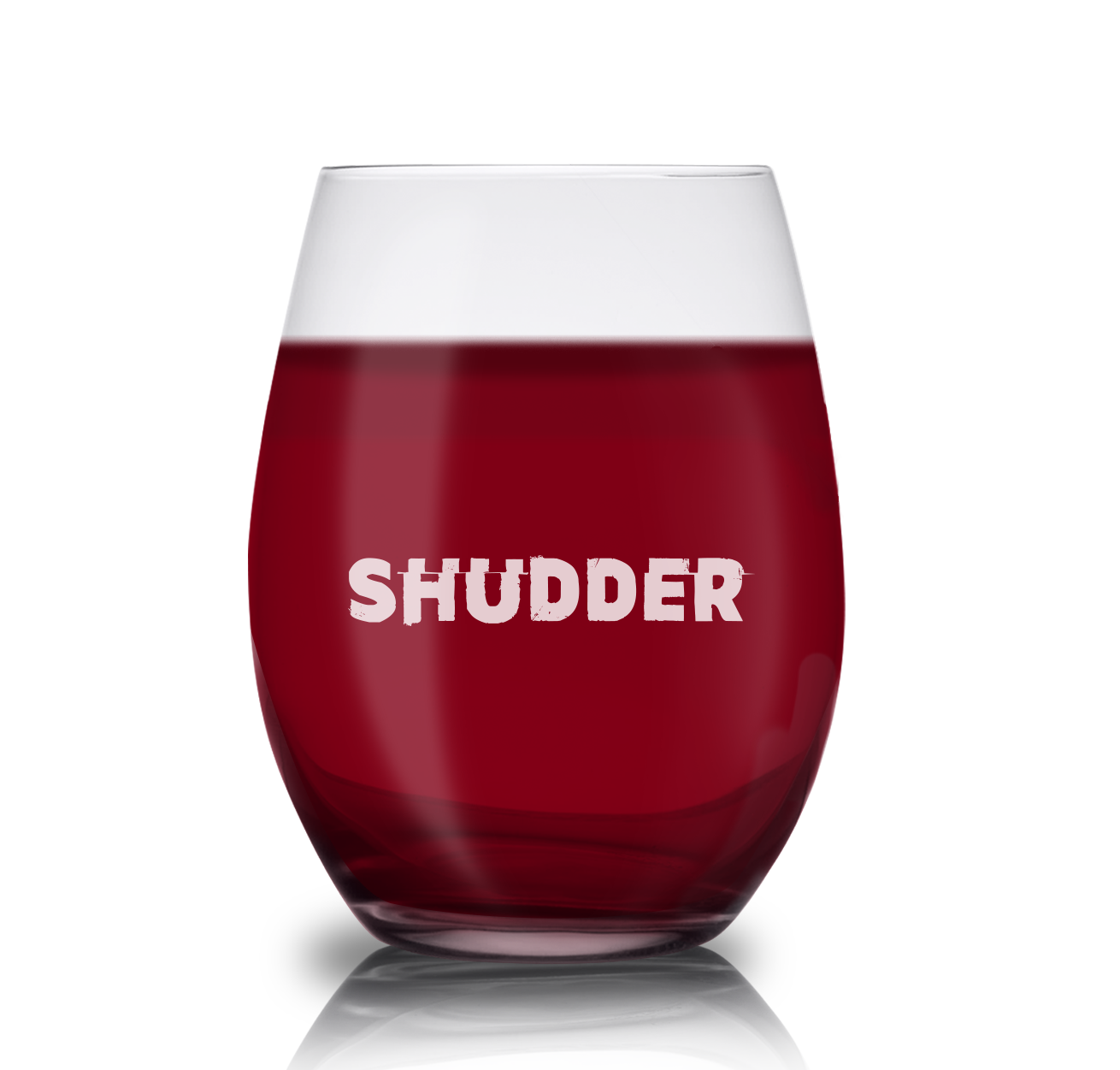 Clear stemless wine glass with a laser-engraved Shudder logo on the front