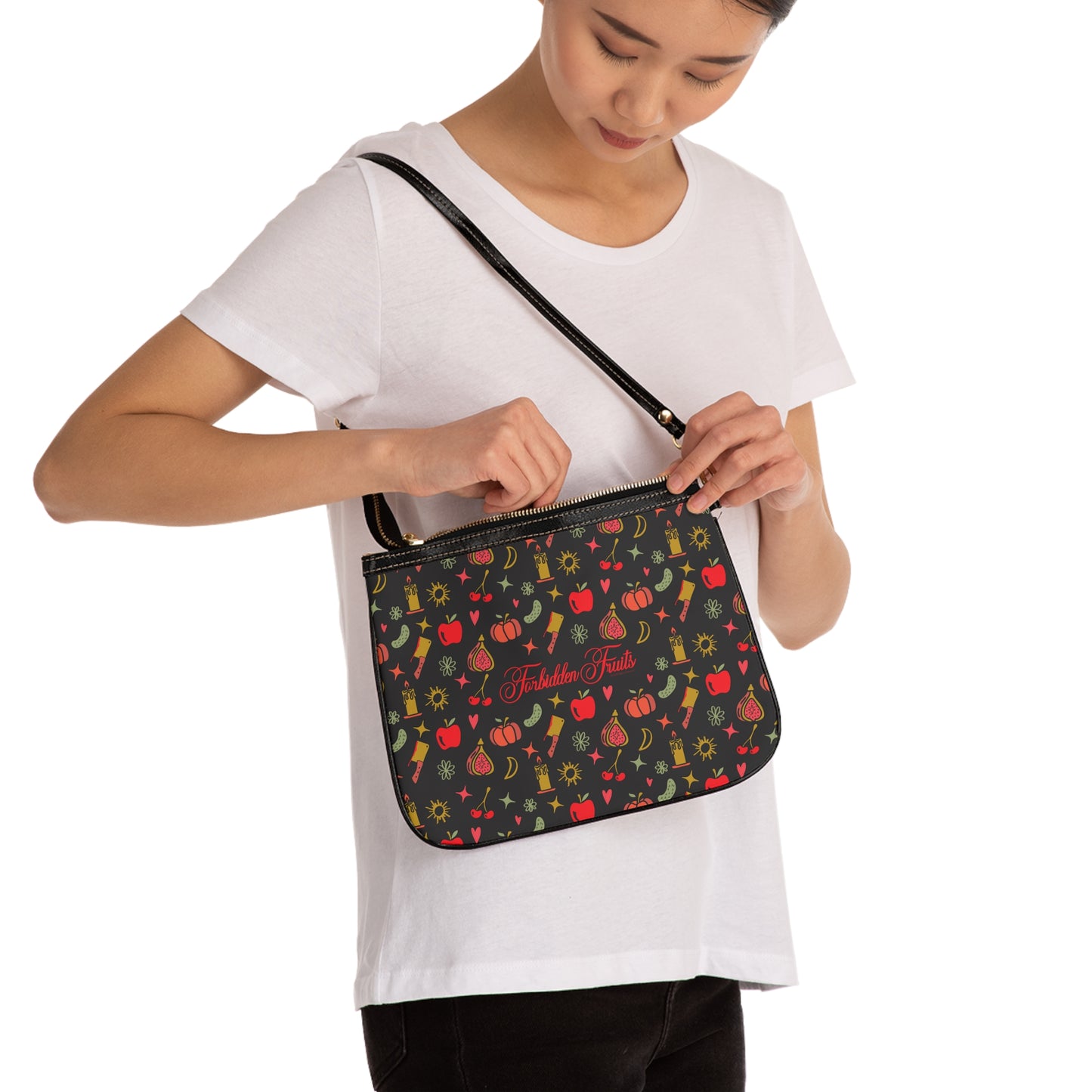 Forbidden Fruits All Over Pattern Small Shoulder Bag Black