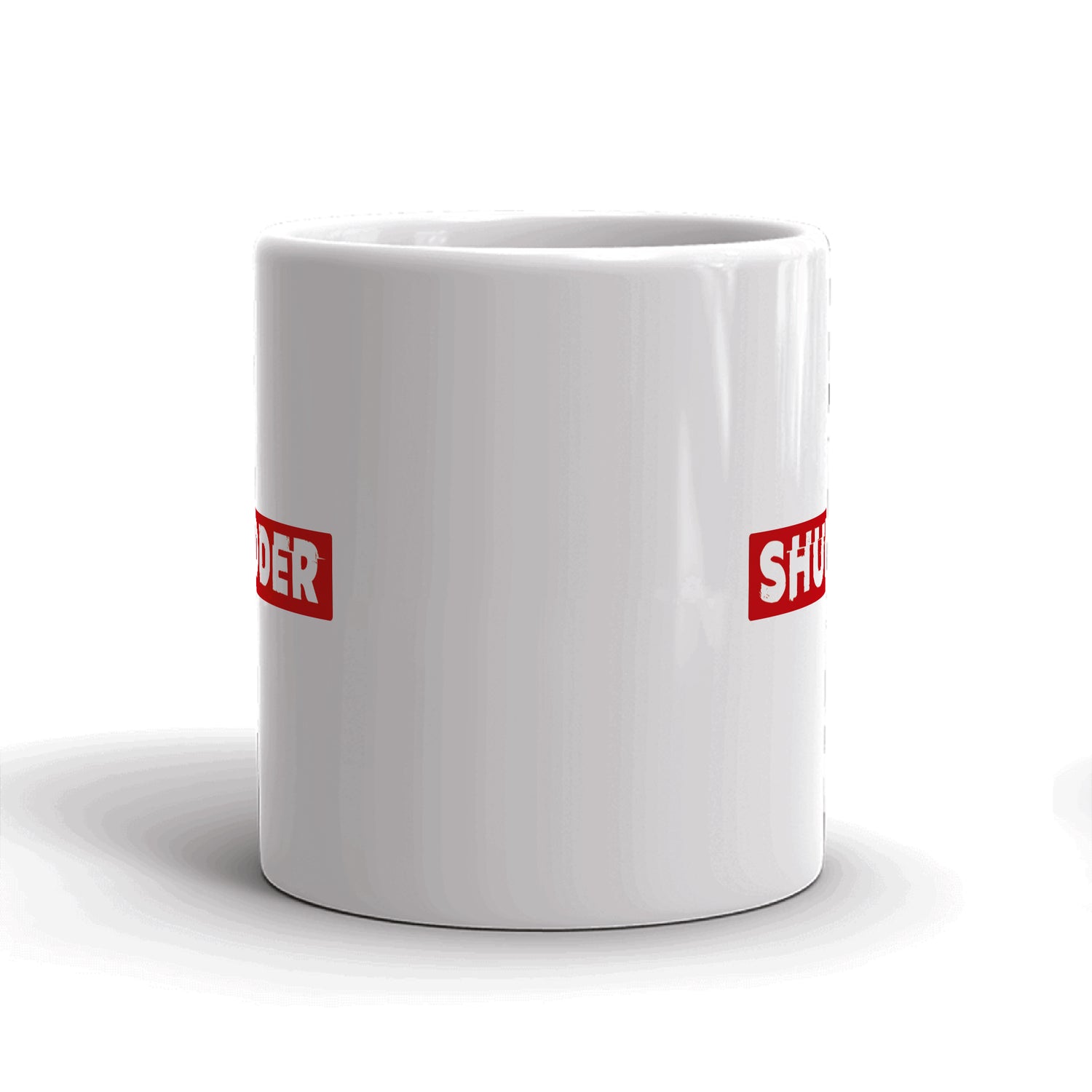 Angled side view of the white Shudder logo mug highlighting the easy-grip handle