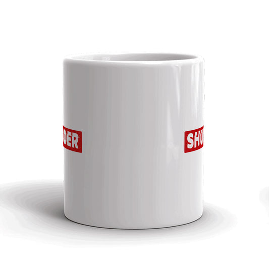 Angled side view of the white Shudder logo mug highlighting the easy-grip handle