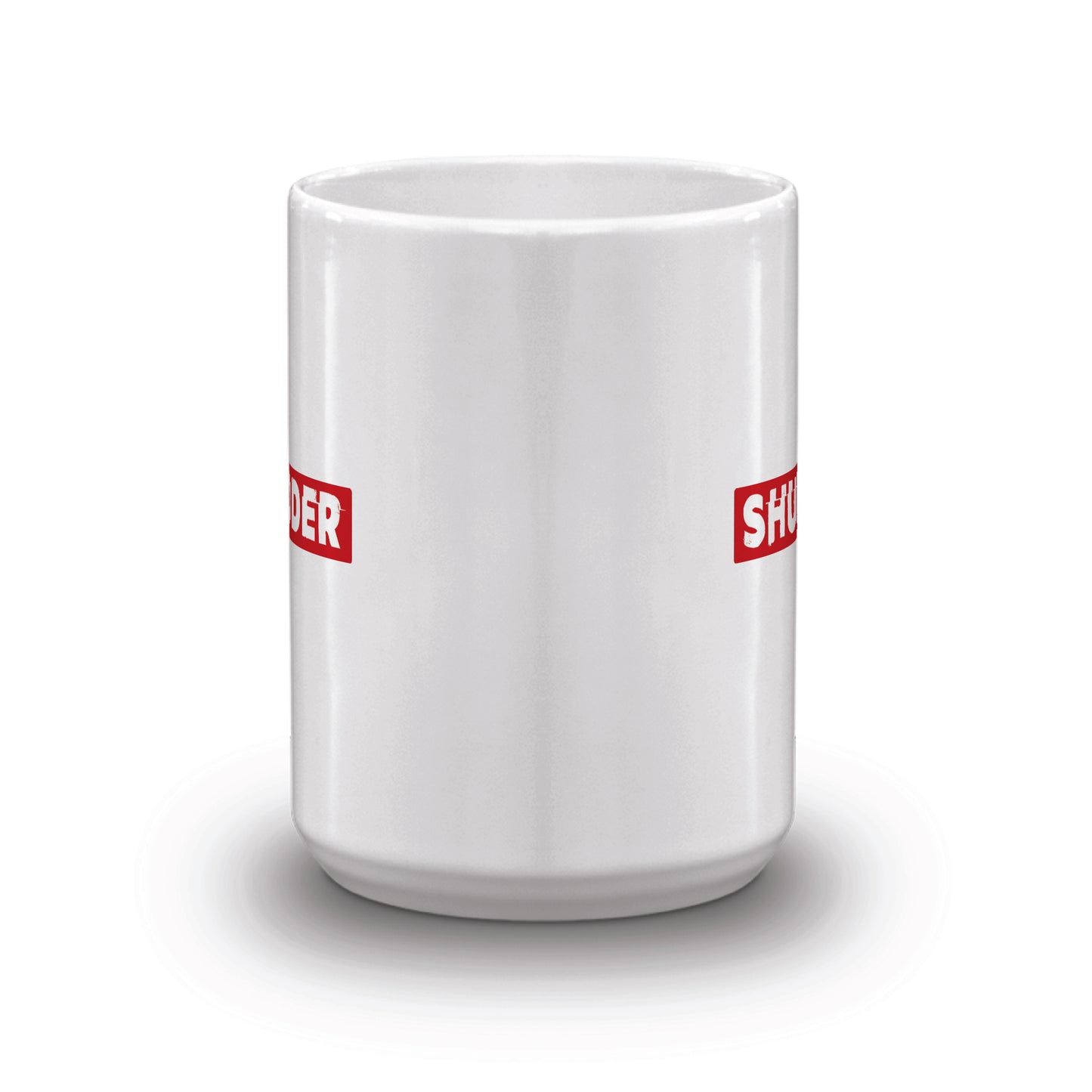 Lifestyle view of the Shudder coffee mug filled with coffee on a kitchen counter