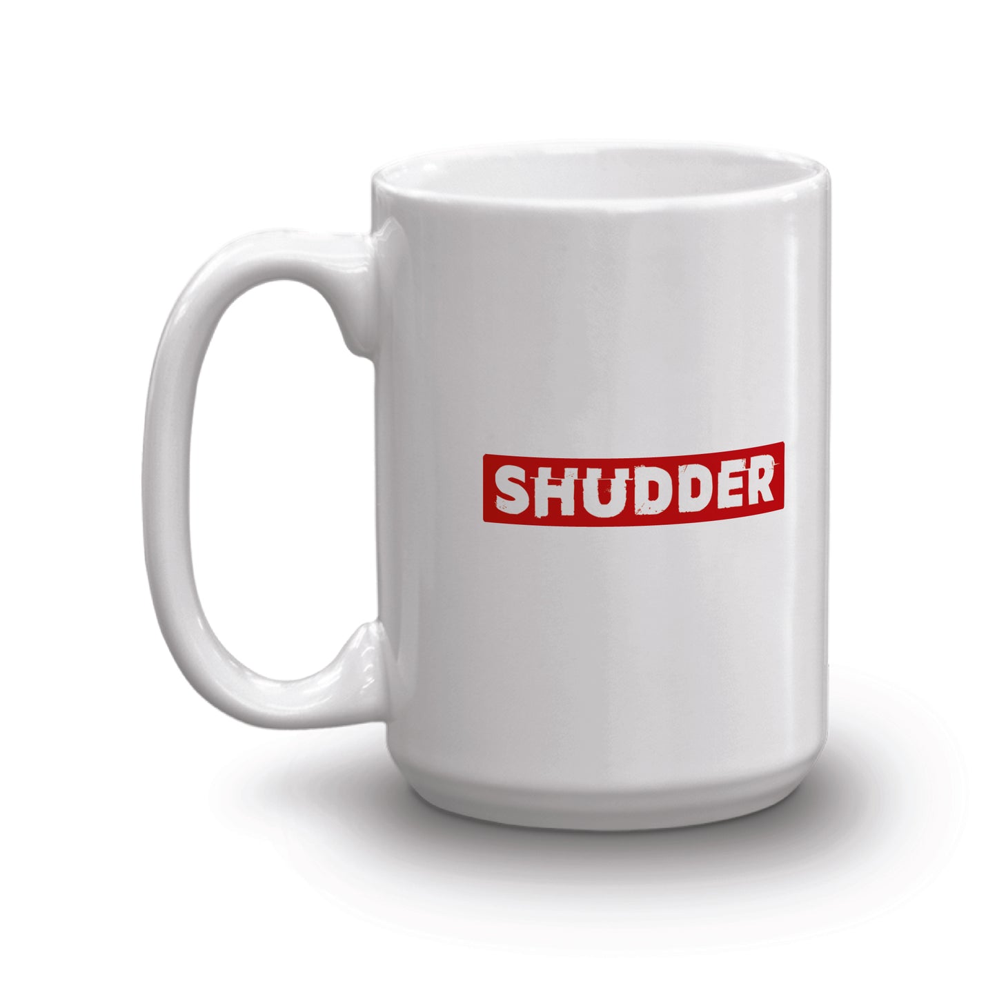 Close-up detail shot of the Shudder brand logo printed on the mug surface