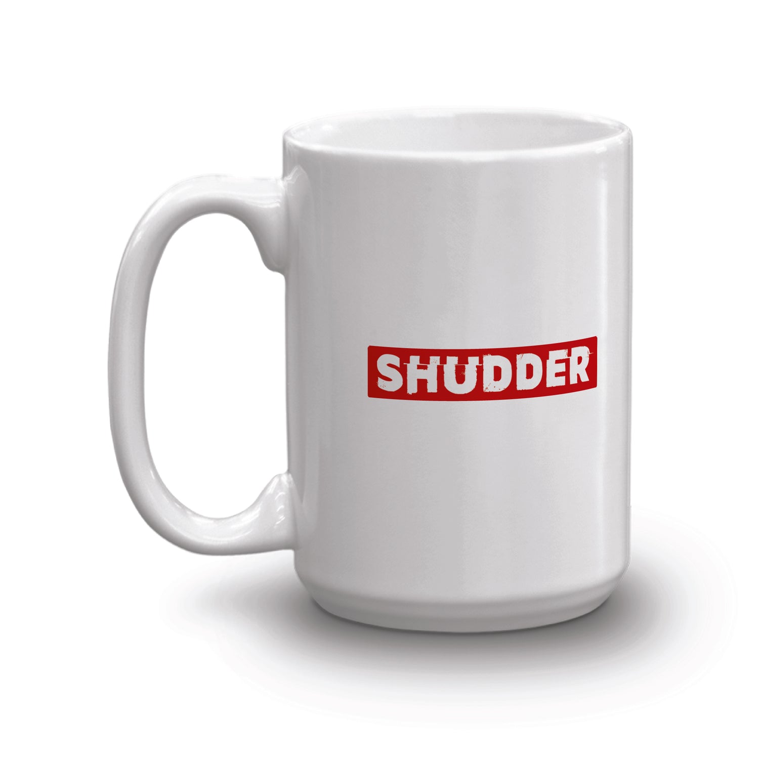 Close-up detail shot of the Shudder brand logo printed on the mug surface