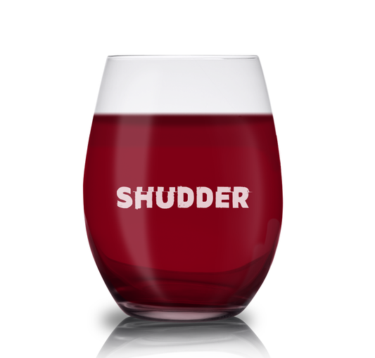 Clear stemless wine glass with a laser-engraved Shudder logo on the front