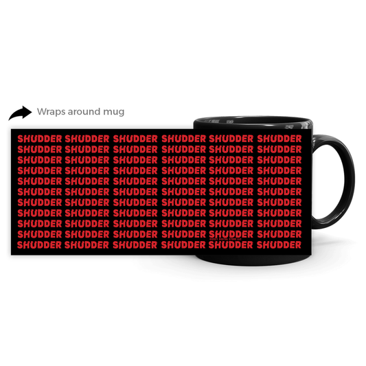 White ceramic coffee mug featuring a repeating black Shudder logo design